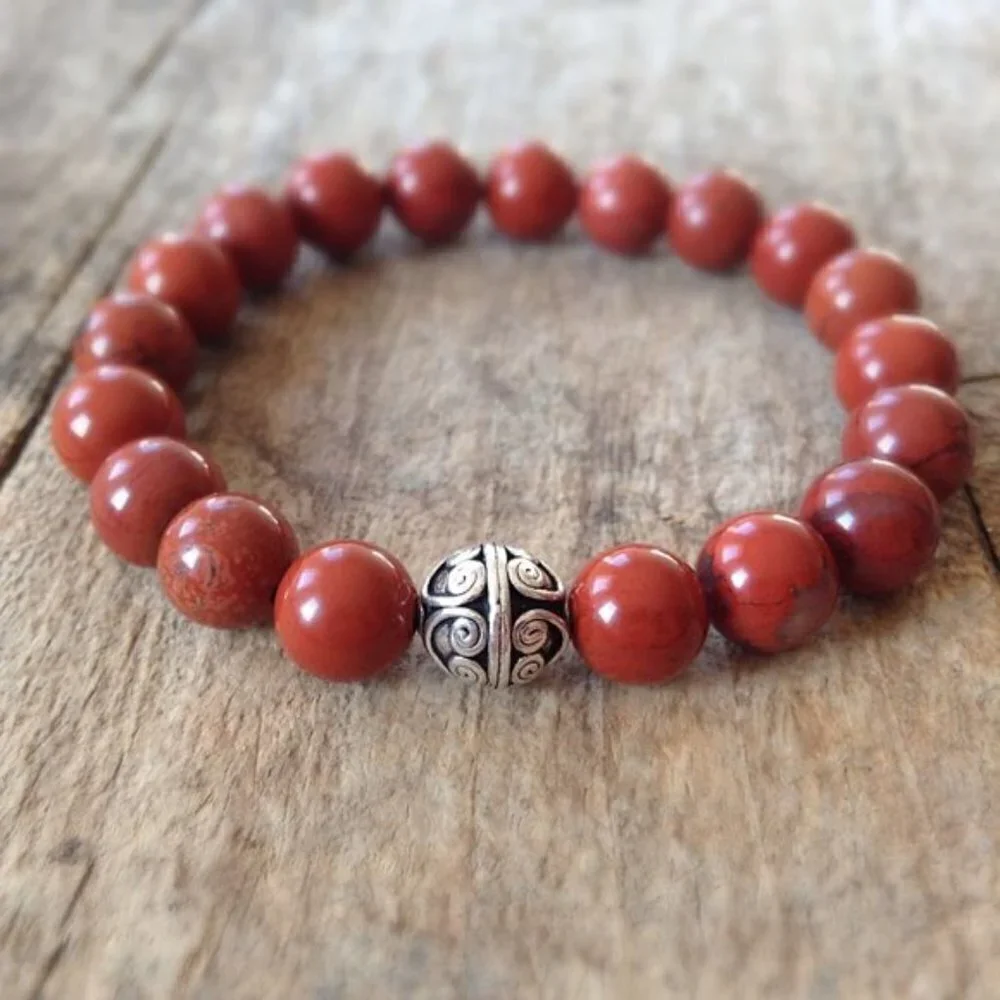Men's Red Agate Beaded Stretch Bracelet Sterling Silver Accent Bead - 10mm Beads